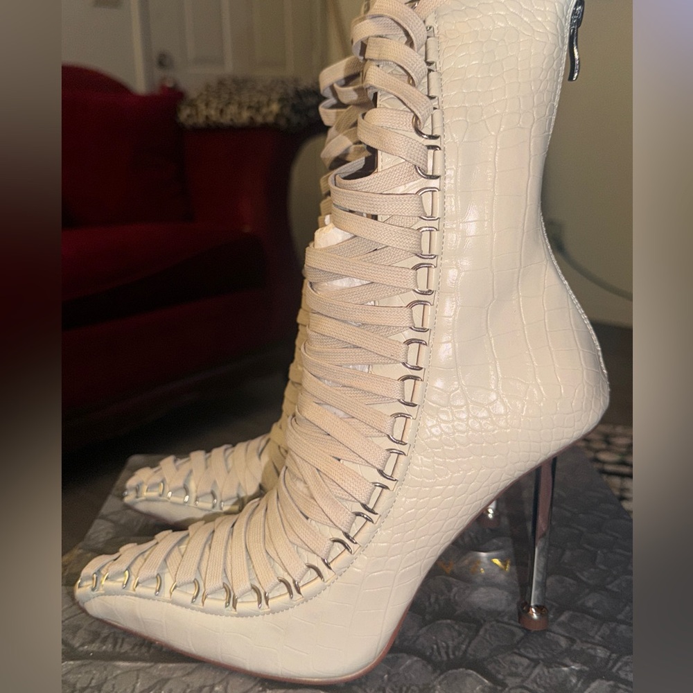 Azalea Wang “Sniper” Croc-Embossed Lace-Up Stiletto Boot in Beige